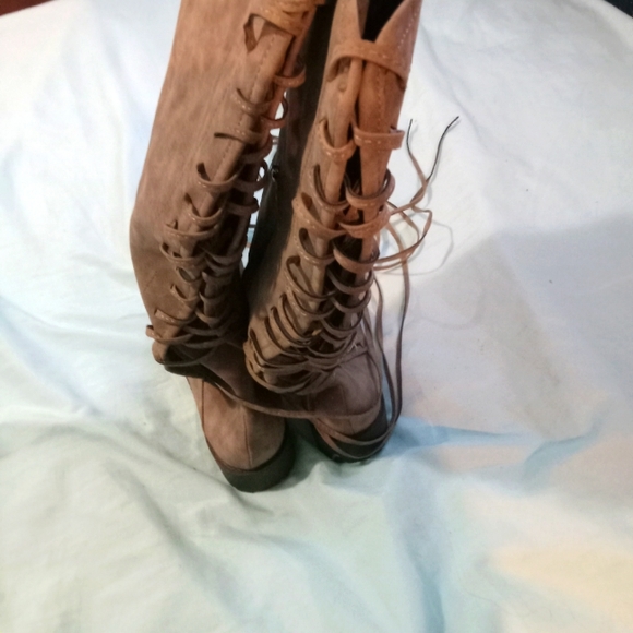 🩶 NWOT Womens No Brand Made in China Size 38/8 Knee-Length Tie Up Boots - Picture 2 of 5